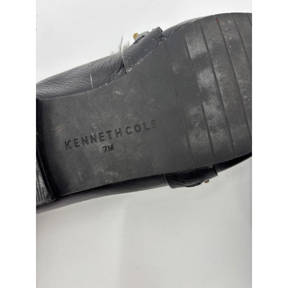Kenneth Cole NY Black Leather Chain Fur Loafers Mules Size 7 Quiet Luxury - Picture 8 of 14